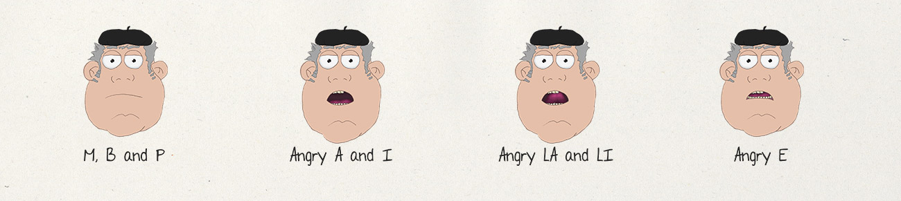 Santiago character design facial expressions (M, B and P, angry A and I, angry LA and LI, angry E)