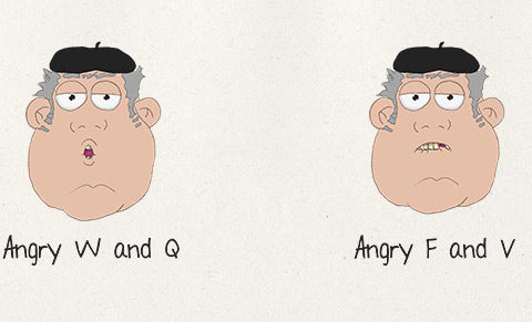 Santiago character design facial expressions (angry W and Q, angry W and Q, angry F and V, angry C, D, G, K, N, R, S, TH, Y and Z)