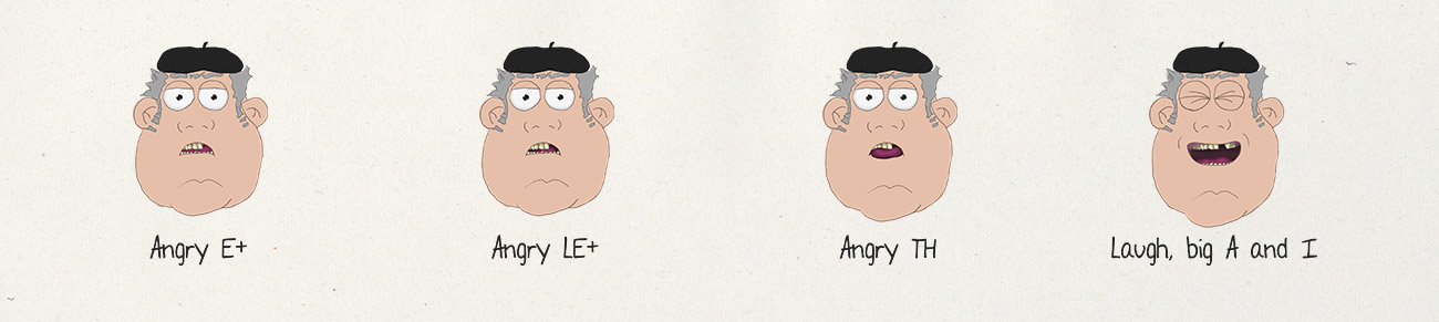 Santiago character design facial expressions (Amgru E. angry LE, angry th, laugh, big A and I)