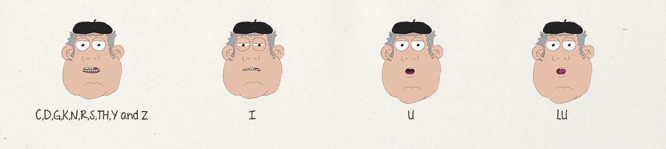 Santiago character design facial expressions (C, D, G, K, N, R, S, TH, Y and Z, I, U, LU)
